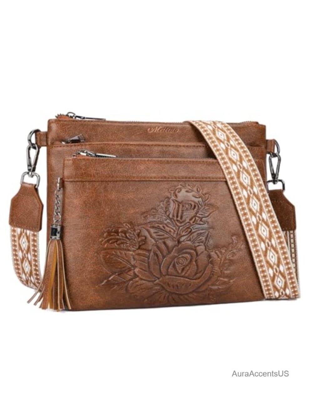 Vegan Leather Crossbody Bag Multi Pocket Embossed Shoulder Purse Adjustable